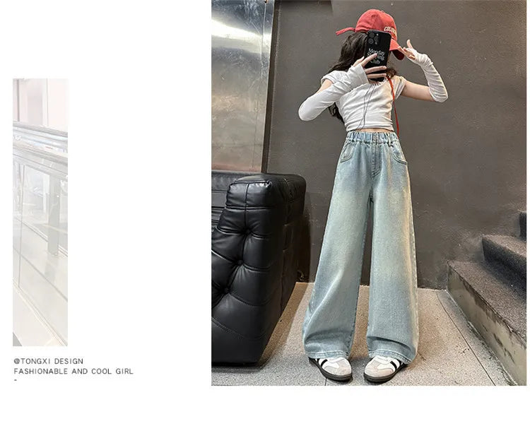 Kids High Waisted Washed Jeans Classic Trendy Street Straight Denim Pants for Girls Simple Style Jeans Trousers For Teens Child