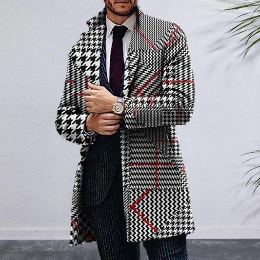 Formal Men Coat Men Geometric Pattern Coat Plaid Print Lapel Trench Coat for Men Stylish Business Style Jacket with for Fall