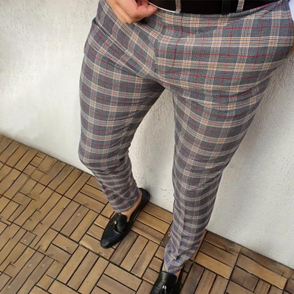 Mid-rise Zipper Button Fly Pockets Men Pants Autumn Plaid Print Straight Fit Casual Pencil Pants