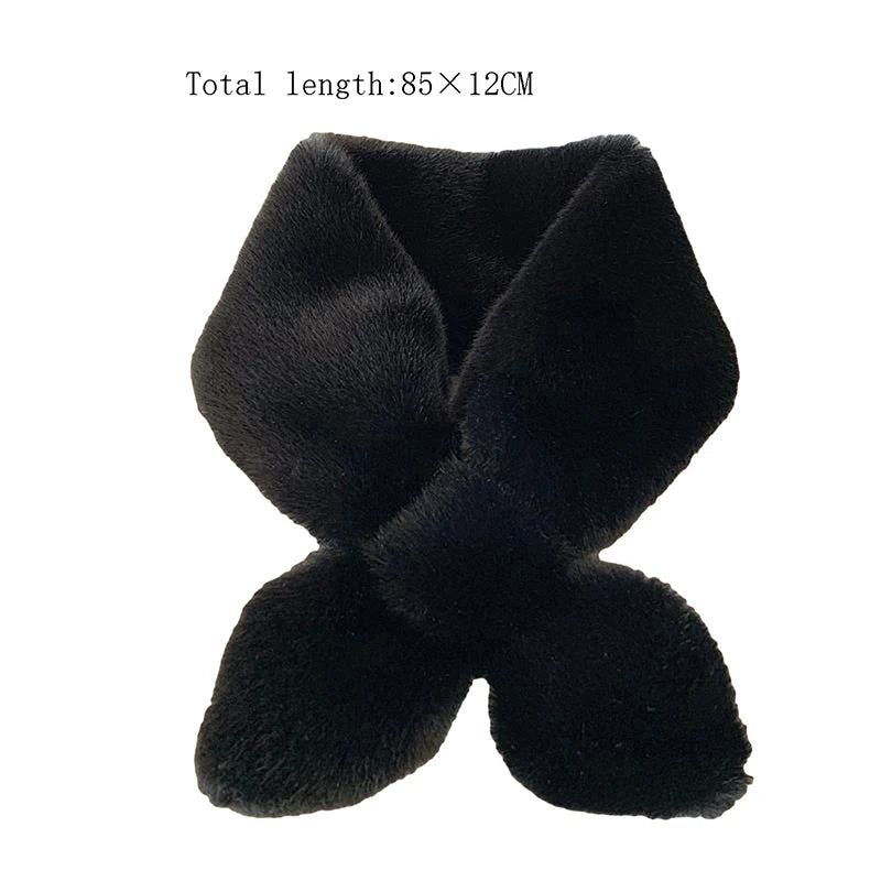 Cross Scarf For Women Autumn Winter Keep Warm Thick Plush Neck Collar Solid Color Fake Rabbit Fur Snood Scarves Warmer Girl Gift