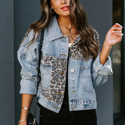 Leopard Stitched Denim Jacket for Women Fashion Outerwear with Long Sleeves Lapel Button-up Chest Pocket Top