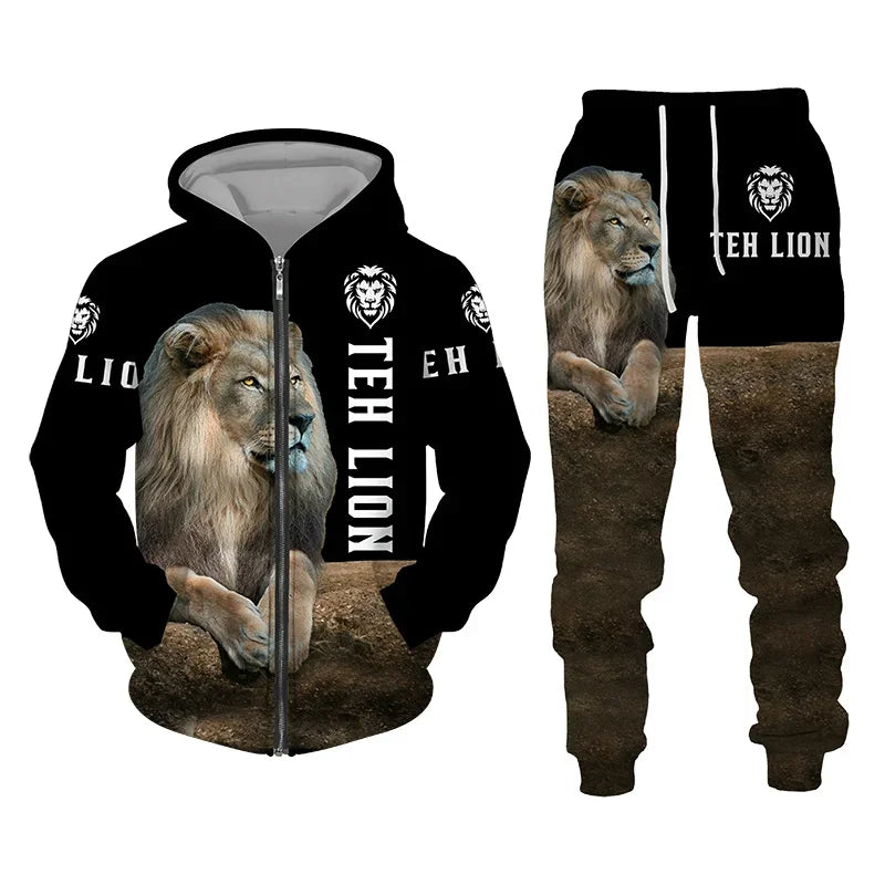 Men Zipper Hoodie Suit Autumn Winter Tracksuit Animal Lion 3D Print Sweatshirts Pants Sets Casual Oversize Clothing High-quality