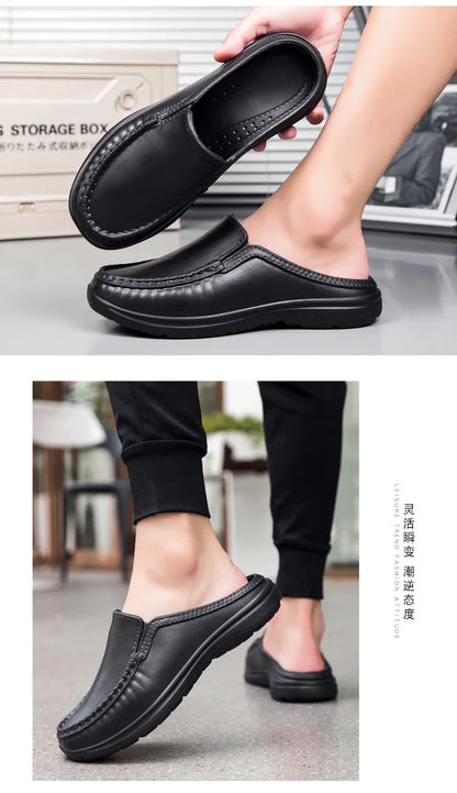 Chef shoes summer plus size baotou half slippers non slip oil resistant business casual men's chef shoes breathable leather shoe