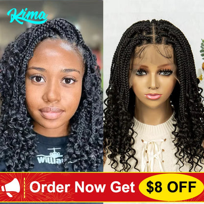 Kima Short Synthetic Box Braided Wigs Full Lace Wig Top Cornrow Braided with Curly End for Black Women