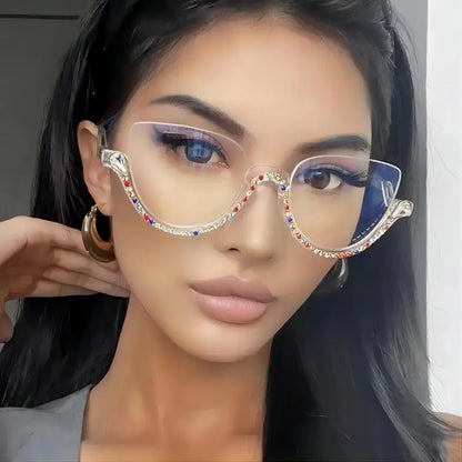 :Diamond Cat Eye Sunglasses for Women, Semi-Rimless Sun Glasses, Crystal Frame, Rhinestone Eyewear,Luxury Brand Designer