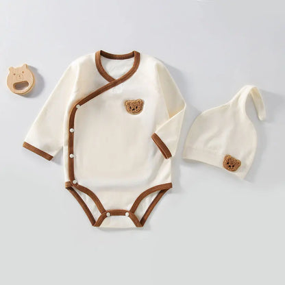 Korean Baby Romper+Beanie Set Cute Bear Infant Long Sleeve Jumpsuit Pure Cotton Newborn Onesie Clothes Toddler Triangle Bodysuit