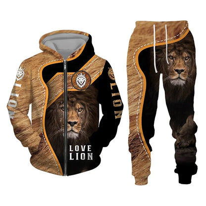 Men Zipper Hoodie Suit Autumn Winter Tracksuit Animal Lion 3D Print Sweatshirts Pants Sets Casual Oversize Clothing High-quality