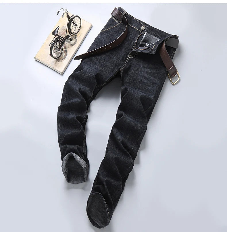 Men's Fashion Business Jeans Classic Style Casual Stretch Slim Jean Pants Male Brand Denim Trousers Black Blue