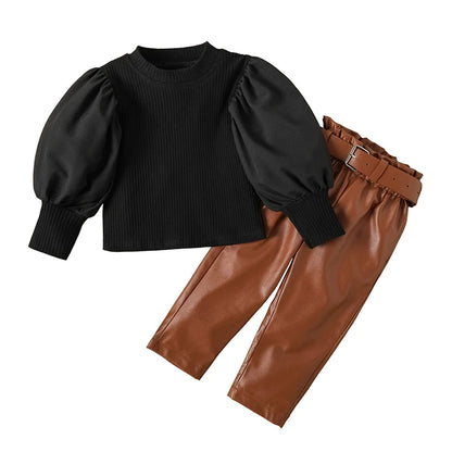 Kids Girls Clothing Set Long Puff Sleeve Ribbed Blouse Tops+PU Leather Pants with Belt 2pcs For Girls' Clothing Size 1 2 3 4 5 6