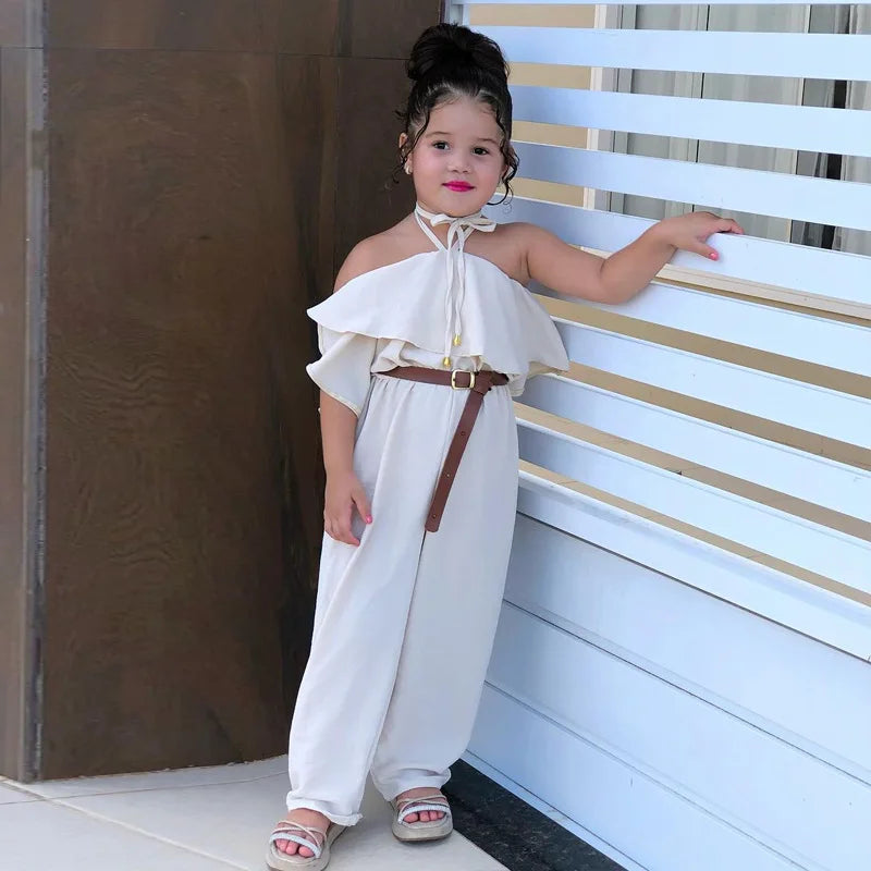 New Casual Girls' Summer Halter Ruffle Sleeve Jumpsuit Soild Suspender Romper Fashion Clothing for Toddler Girl 1-8 Years