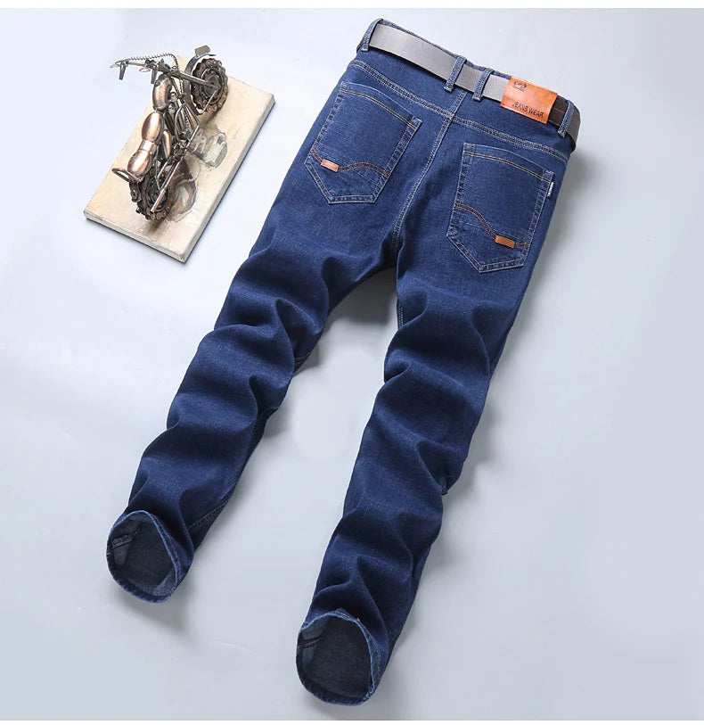 Men's Fashion Business Jeans Classic Style Casual Stretch Slim Jean Pants Male Brand Denim Trousers Black Blue