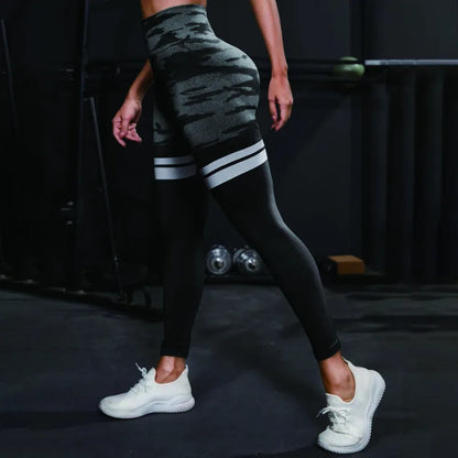 High Waist Hip Lifting Stripe Camo Leggings