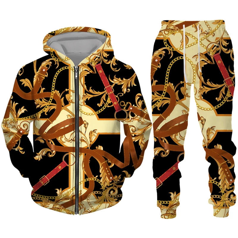 Men's Zipper Tracksuit Set Luxury Golden Pattern 3D Print Casual Hoodie Pants 2pcs Sets Oversize Sweatshirt Fashion Man Clothes