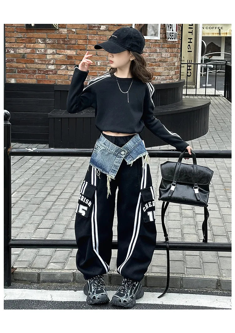 2025 spring teen girl American spliced denim drawstring work pants junior kid casual floor sports Wide leg trousers short hoodie