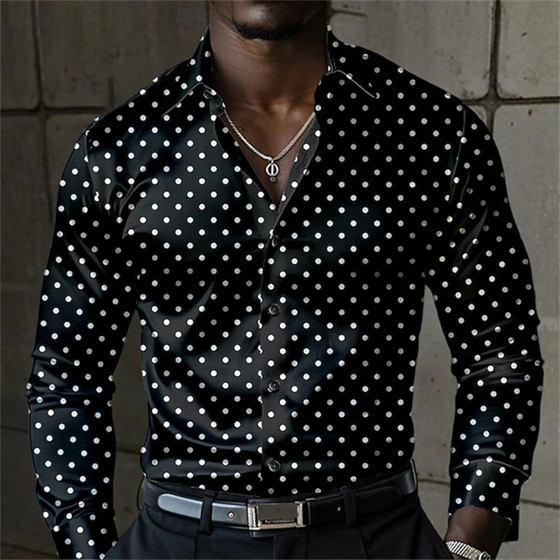 Fashion Men's Elegant Shirt Spotted 3D Printed Lapel Button Up Classic Long Sleeve Shirt Temperament Men's Partywear