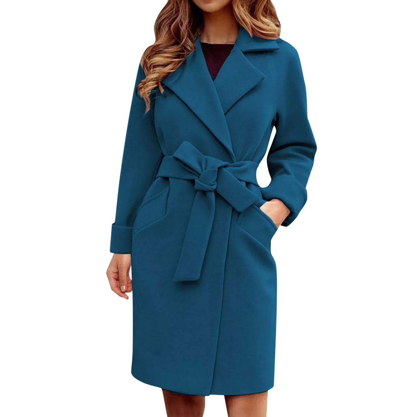 Women Winter Fall Trench Coat Casual Mid Long Overcoat Lapel Open Front Cardigan Outwear Woolen Ladies Wool Blend Winter Jackets