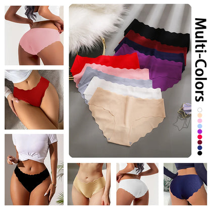 GICZI Ruffles Women's Panties Seamless Underwear Solid Ice Silk Striped Lingerie Intimates Briefs Mid-Rise Female Underpants S-L