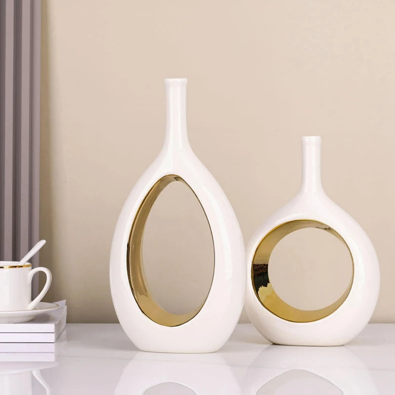 ABVA-White And Gold Vase Ceramic White Vases Home Decor,Modern Minimalist Circle With Hole Decorative Vase