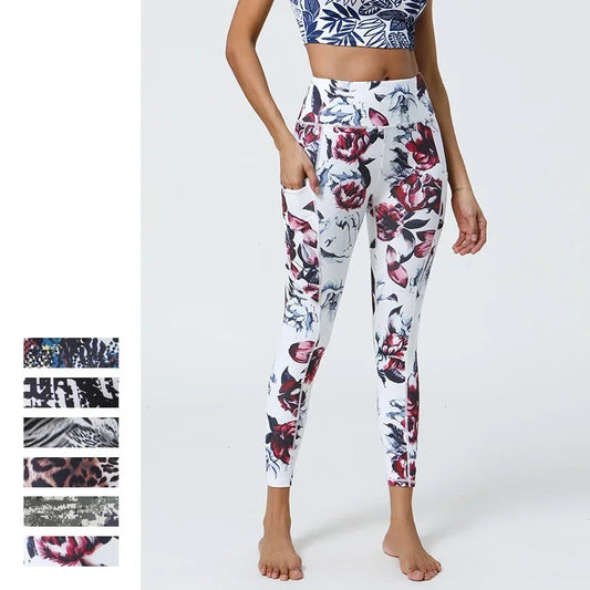 Hot Sale Women Elastic Pants with Pocket Flower Printed Yoga Legging