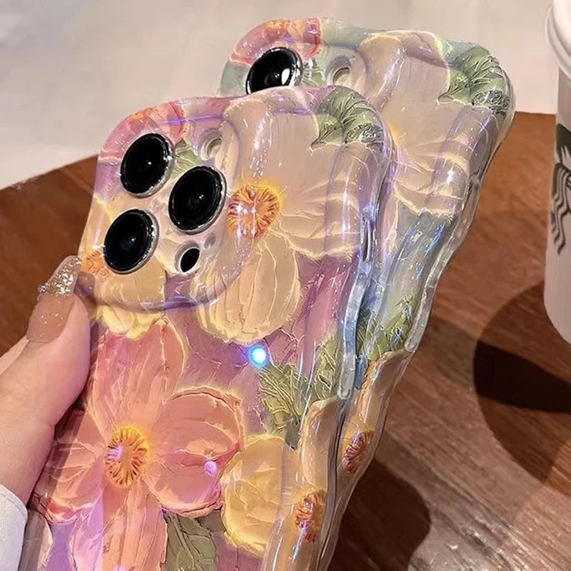 Fashion Laser Blue Light Flowers Phone Case For iPhone 15 14 Pro Max 11 12 13 Pro Max 14Pro 13Pro Luxury Shockproof Soft Cover