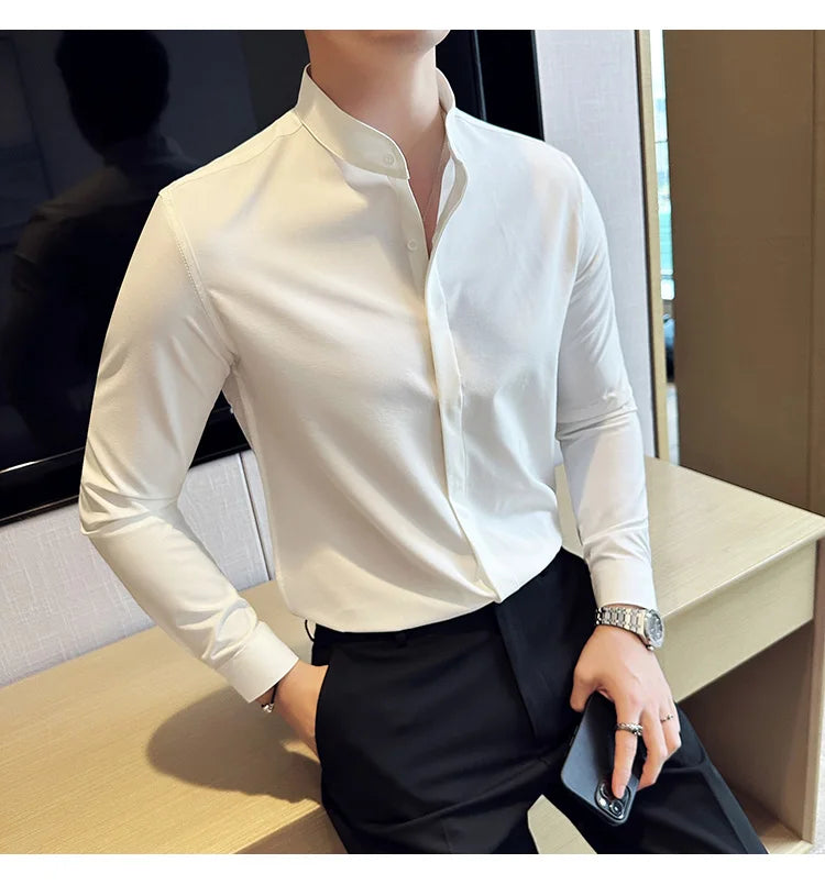 2024 New Stand Collar Luxury Shirts For Men High Quality Hide Buttons Design Solid Slim Fit Business Party Wedding Dress Shirts