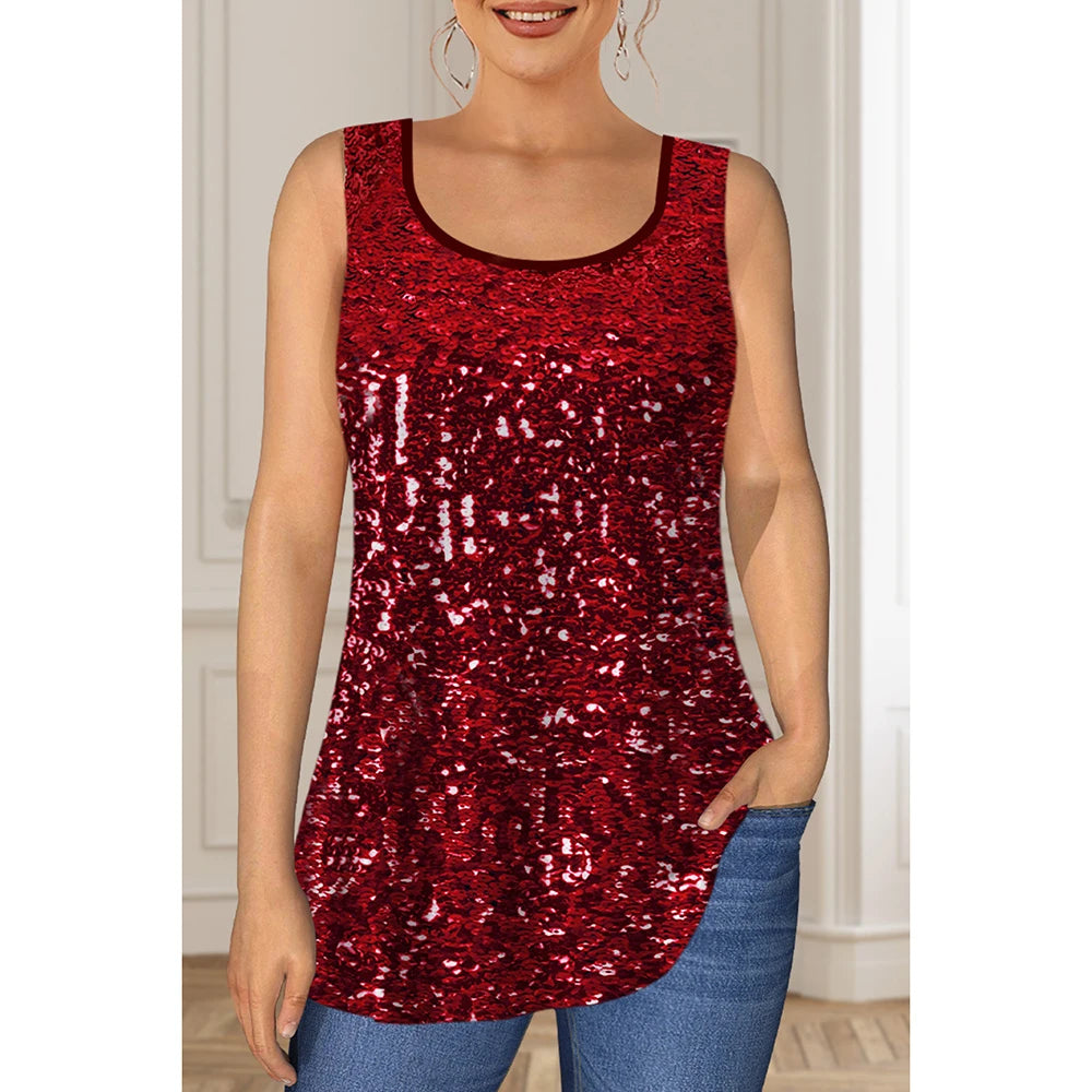 Plus Size Casual Burgundy Velvet Bronzing Print Sparkly Sequin Two Pieces Christmas Blouse Cover Up Tops with Round Neck Vest