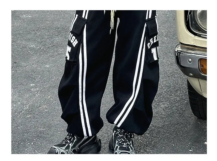 2025 spring teen girl American spliced denim drawstring work pants junior kid casual floor sports Wide leg trousers short hoodie