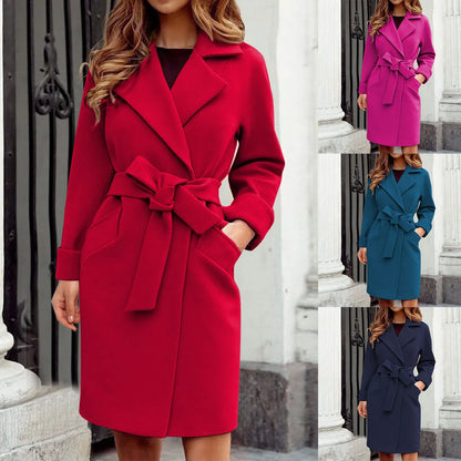 Women Winter Fall Trench Coat Casual Mid Long Overcoat Lapel Open Front Cardigan Outwear Woolen Ladies Wool Blend Winter Jackets