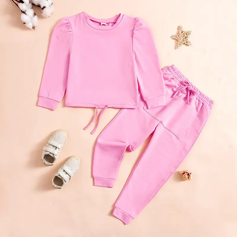 Spring New Girls Fashion O Neck Long Sleeve Pullover Top + Pants 2 Pieces Set Casual Kids Clothes