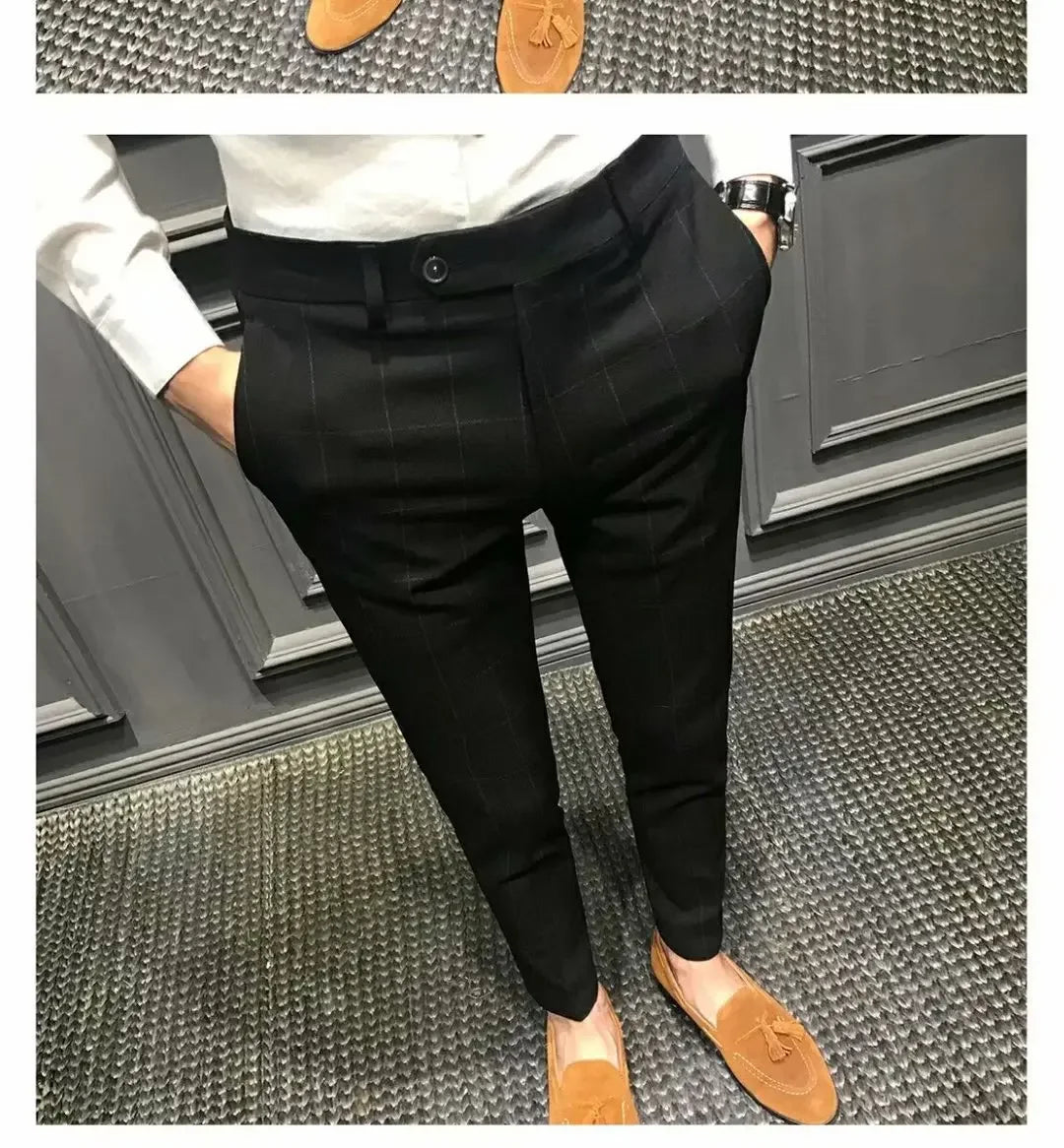 Spring Plaid Casual Trousers For Men Slim Fit Korean Style Cropped Pants Trendy Suit Pants Man's Slacks Fashionable Shorts