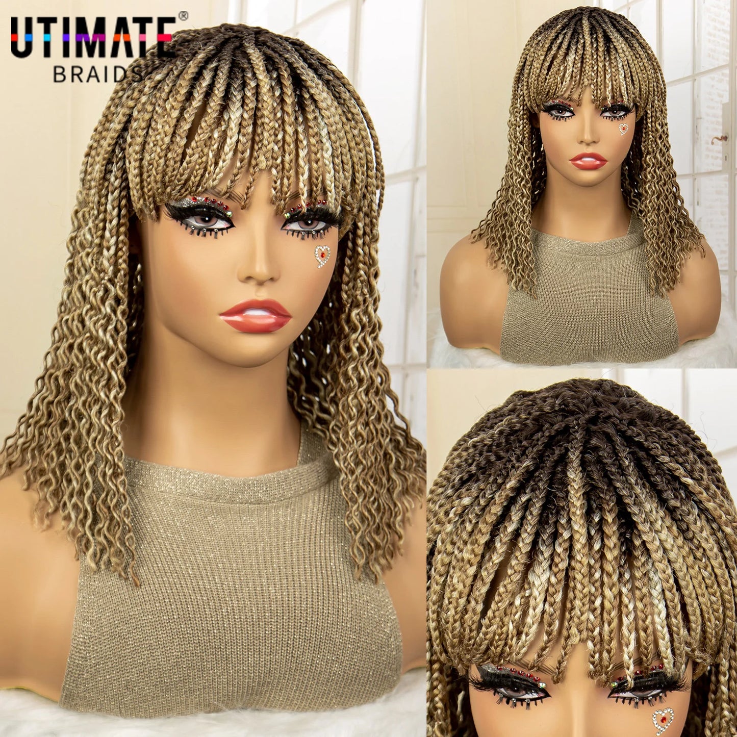 Full Machine Made Wigs Synthetic Braided Wig 14 Inches Bob Braiding Wigs Short Curly Knotless Box Braids Wigs for Black Women