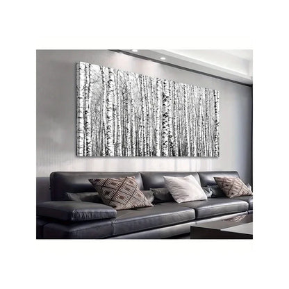 Framed large birch canvas wall art - modern black and white woodland scene, living room and home office fall style decor