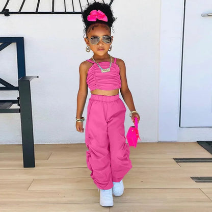 1-8years Baby Kids Summer Clothing For Girls Sleeveless Crop Tops+Cargo Pants 2pcs/sets Children's Fashion Clothes Outfits Girl