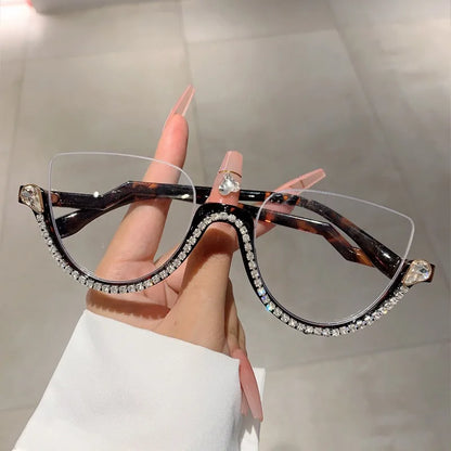 :Diamond Cat Eye Sunglasses for Women, Semi-Rimless Sun Glasses, Crystal Frame, Rhinestone Eyewear,Luxury Brand Designer