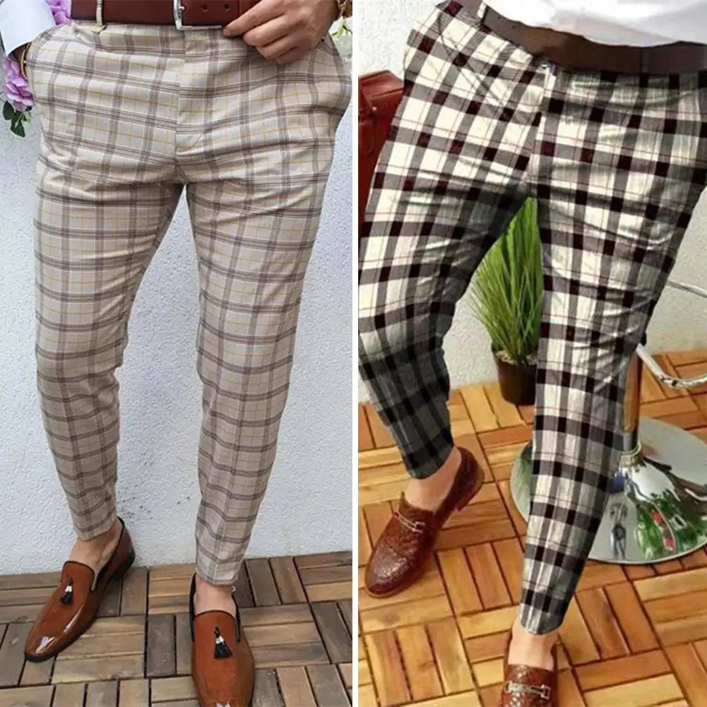 Mid-rise Zipper Button Fly Pockets Men Pants Autumn Plaid Print Straight Fit Casual Pencil Pants