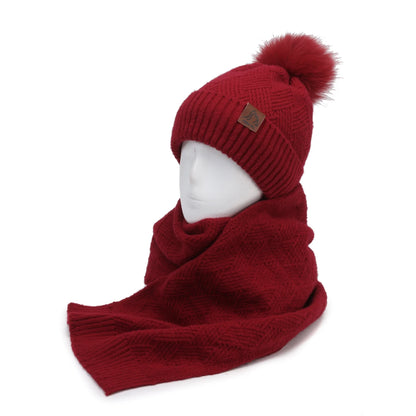 Women's Winter Double Layer Plus Fluff Ball Knit Hat Outdoor Warm Beanie Hat Two-Piece Set