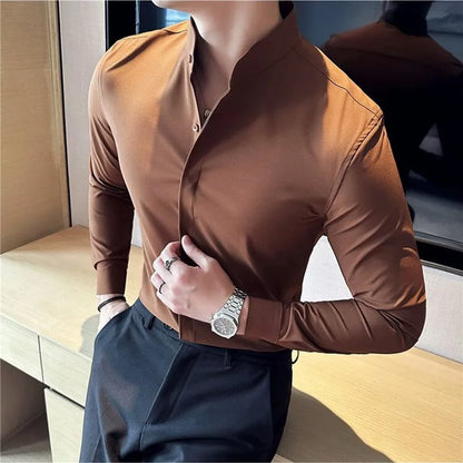 2024 New Stand Collar Luxury Shirts For Men High Quality Hide Buttons Design Solid Slim Fit Business Party Wedding Dress Shirts