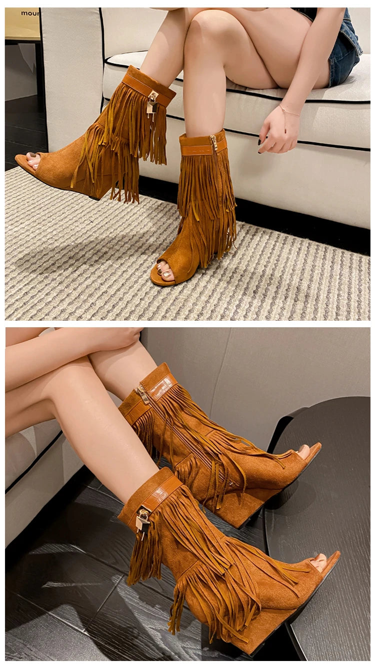 Eilyken Designer Fringe Wedges  Boot Sandals Woman High Heels Open Toe Party Prom Shoes 2024 Sexy Zipper Female Pumps