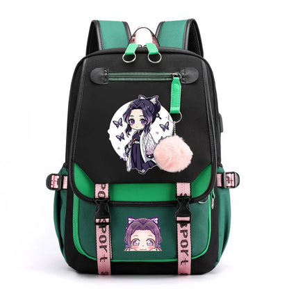 Cute Kawaii Kochou Shinobu Pattern Backpack Teenage Street Anime Backpack Kochou Shinobu Backpack USB Backpacks