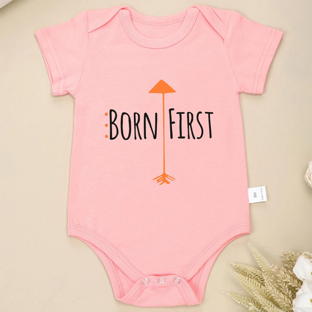 Born First Show Off Funny Twin Newborn Boy Bodysuits Fashion Cute Baby Girl Clothes Short Sleeve Summer Cotton Infant Onesies