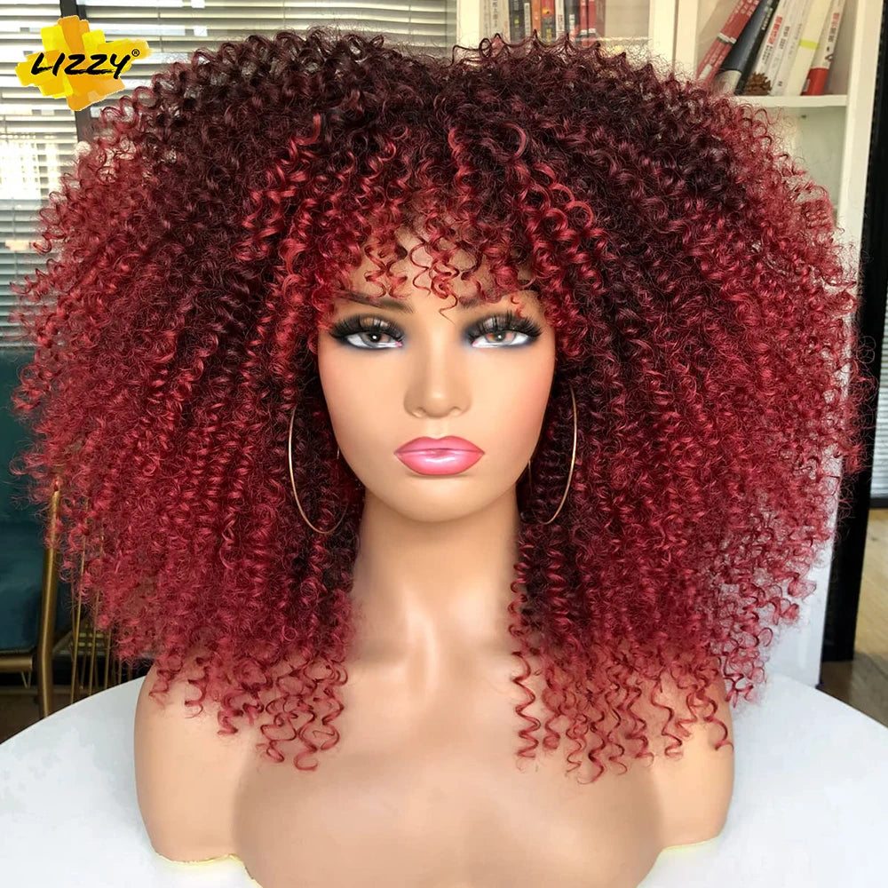 Short Afro Curly Wig With Bangs Synthetic African Fluffy Black Ombre Brown Curly Women's Wigs