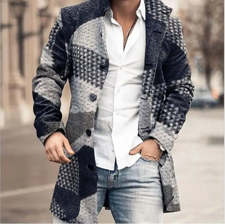 Autumn Winter Woolen Printing Men's Coat Coat Windbreaker Long Sleeve Single Breasted Button Fashion Casual Jacket