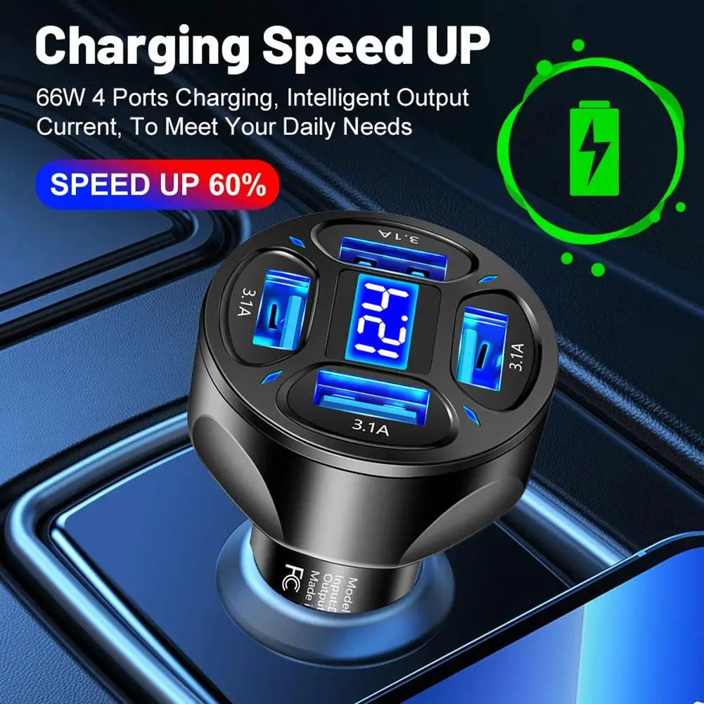 4 Ports USB 3.0 Car Charger 66W Fast Charging Quick Charge Car Mobile Phone Charger Adapter For iPhone 14 13 mi