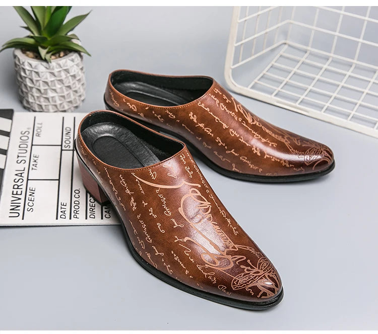 Summer New British Style Men's Mules Slipper Ceremonial heightening Shoes Black Hombre Daily Dress Casual Pointed Leather