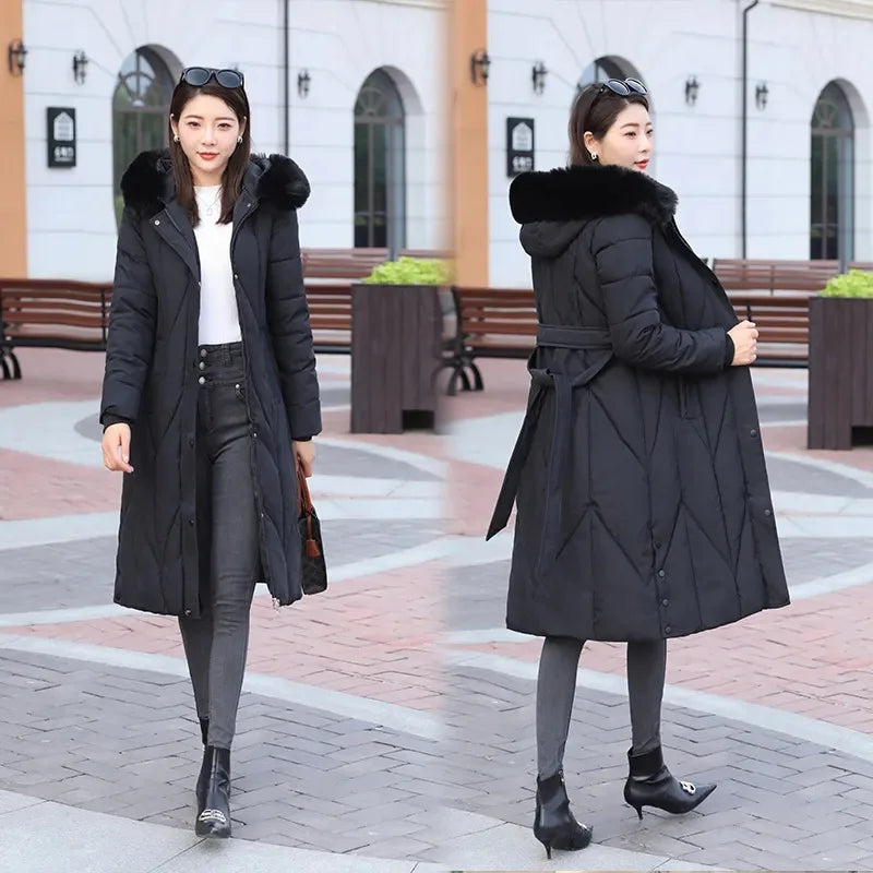 New Snow Wear Coat Women Parkas Fur Collar Down Cotton Jacket Warm Female Loose Long Winter Jackets Puffer Parka Outerwear