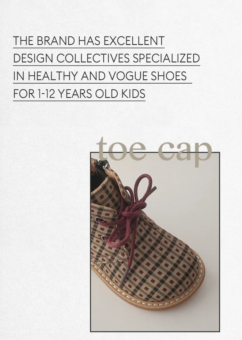 British Style Children Short Boots Handsome Autumn Boys Single Boots Fashion Girls Retro Lattice Boots Baby Soft Warm Shoes