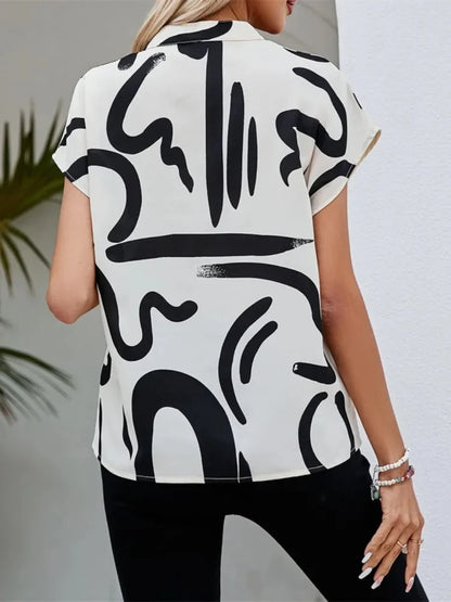 Women Summer Simple Style Batwing Sleeve V-Neck Printed Blouse Tops