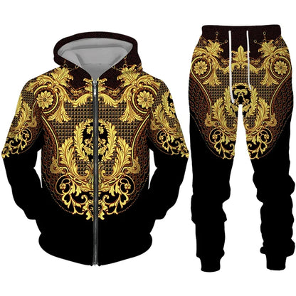 Men Zipper Hoodies Set Luxury Golden Pattern 3D Print Casual Tracksuit+Pants 2pcs Sets Oversized Sweatshirt Fashion High-quality