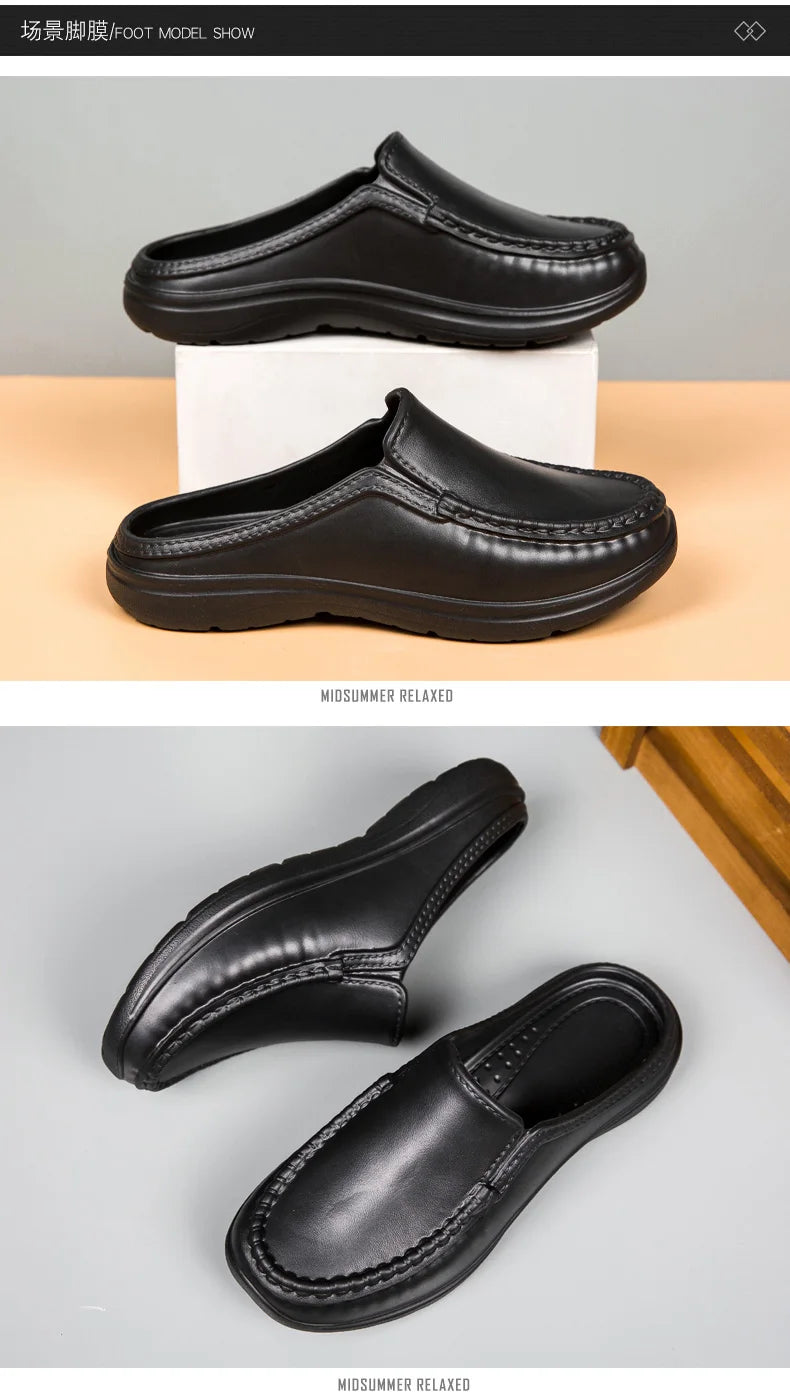 Chef shoes summer plus size baotou half slippers non slip oil resistant business casual men's chef shoes breathable leather shoe