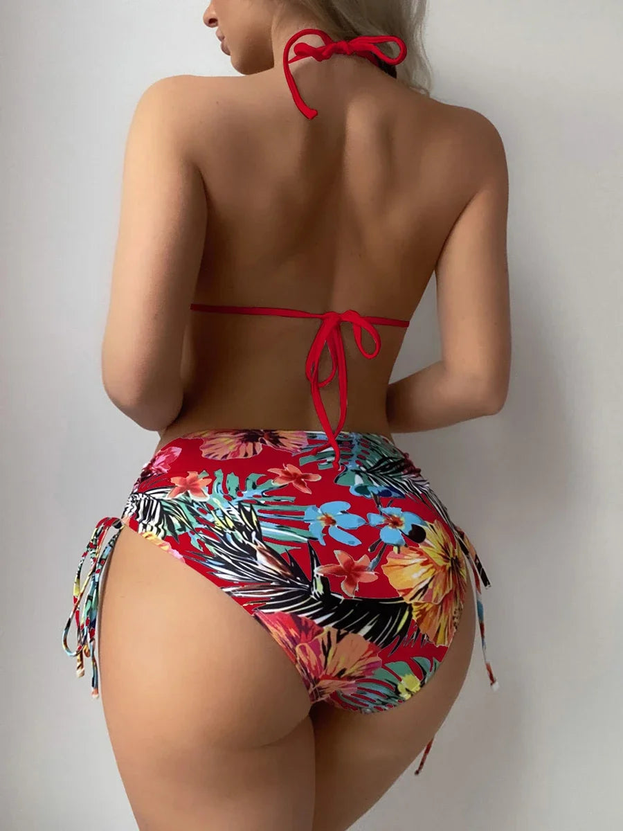 Three Piece Set Printed Mesh Cover Shirt Split Swimsuit